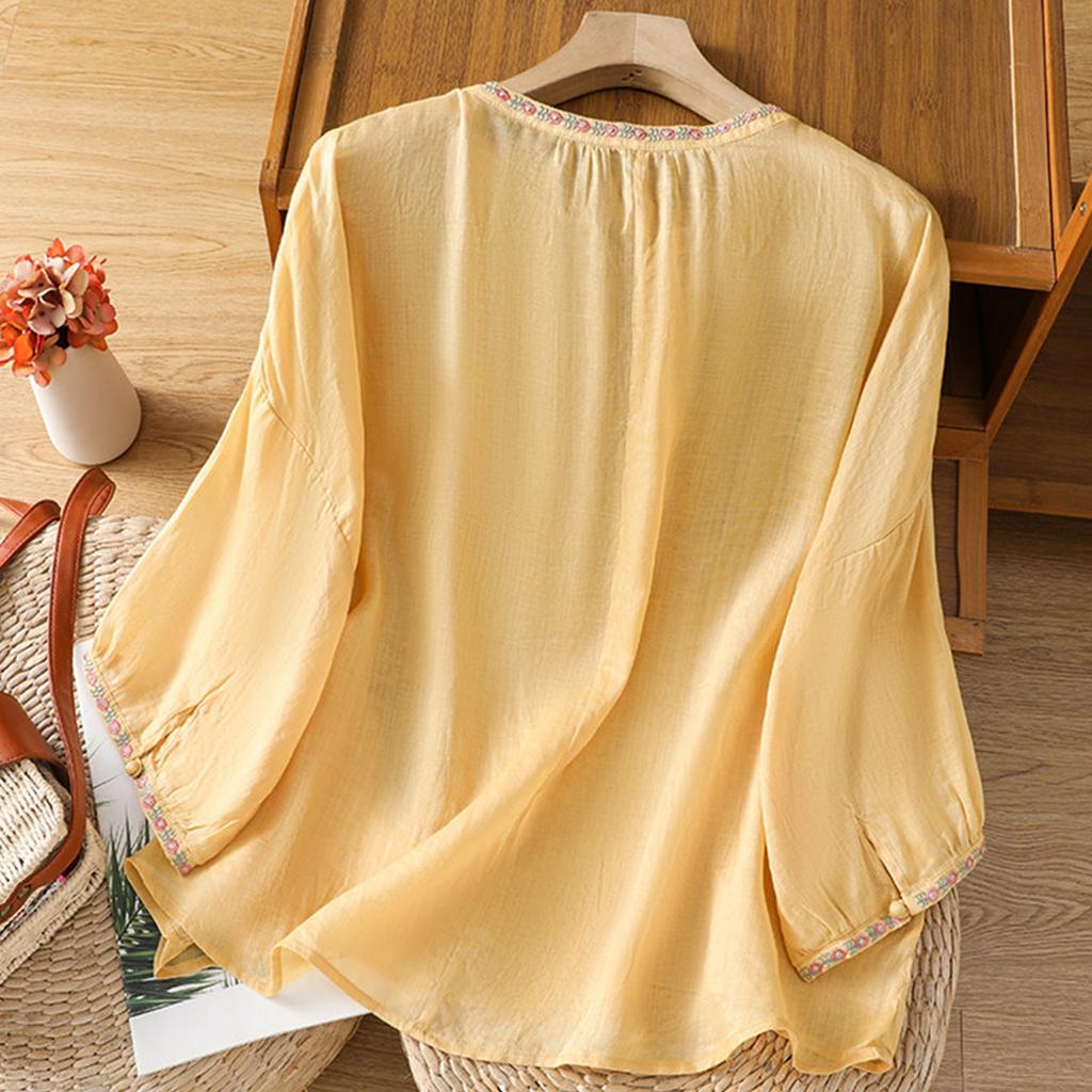 Женская повседневная модная блузка-пуловер с коротким рукавом, круглым вырезом и вышивкой