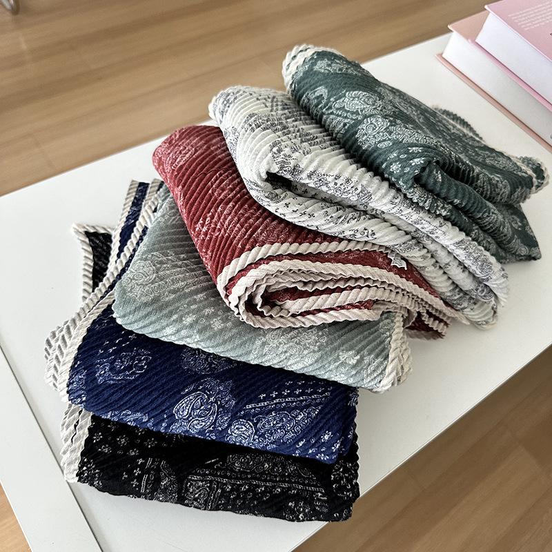 Women's Double-layer Cotton and Linen Floral Scarf Autumn and Winter Pleated Wrapped Shawl Scarf