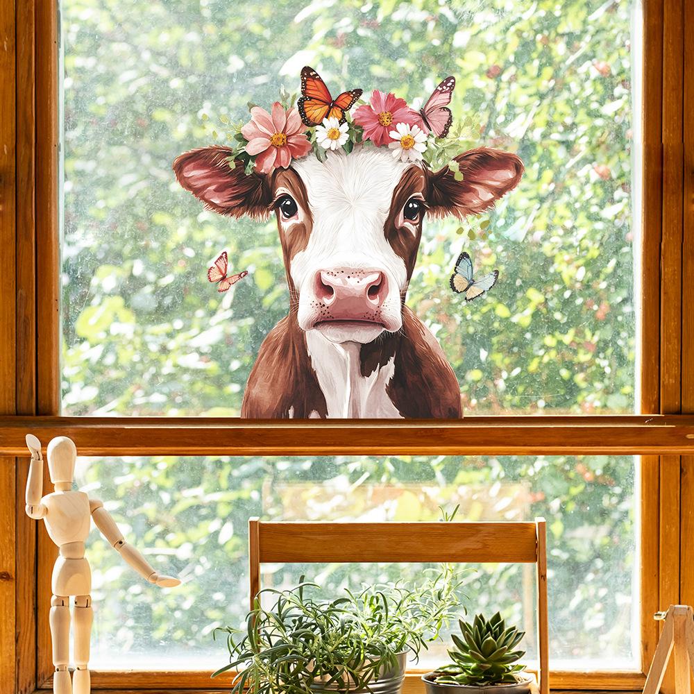 Cow Butterfly Flower Glass Window Sticker