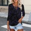 Женская модная свободная футболка с перекрестным V-образным вырезом и семью рукавами, повседневный топ с винтажным цветочным принтом