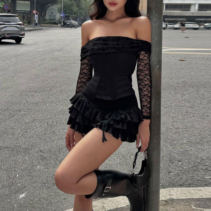 American Style Sexy Mesh Patchwork off-Shoulder Long Sleeves Tops Female Autumn + Black Low Waist Sexy Cake Dress Suit