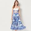 Summer Women Designer Print Runway Two Piece Set Fashion Spaghetti Bra Tops and Big Swing Long Skirt Holiday Beach Outfits