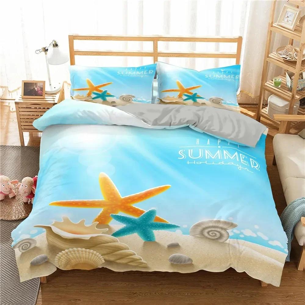 Luxury New 3D Print Beach Starfish Duvet Cover Set Queen Blue Cute Ocean Creatures Bedding Set Sea Shells Starfish Cover