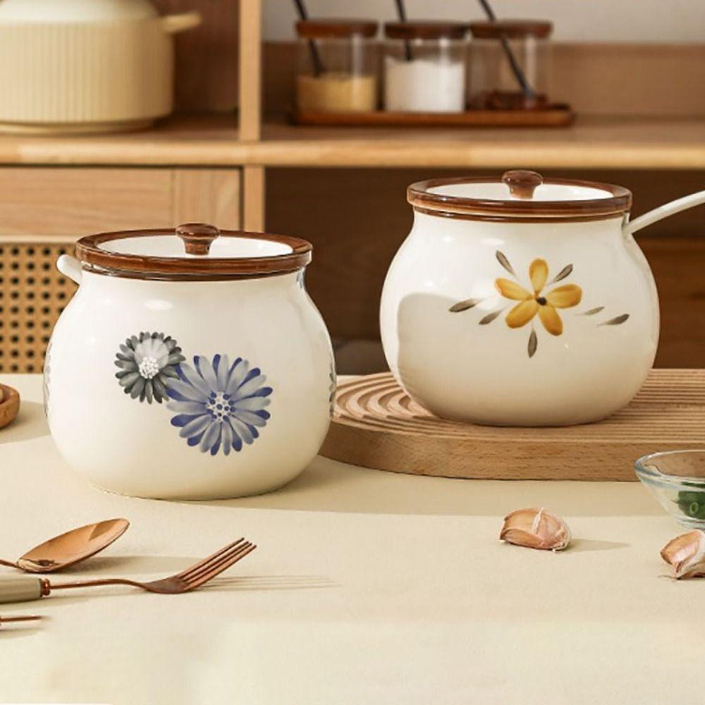 С крышкой и ложкой Керамическая банка для жира Японская горшочка для жира Практичная банка для приправ Сахар