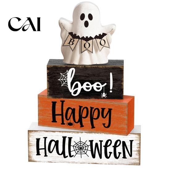 Orange And Black Party Props Halloween Ghost Decoration, Wooden Sign Tiered Tray Ornament, Farmhouse Desktop Festive Ornaments Tabletop Centerpiece