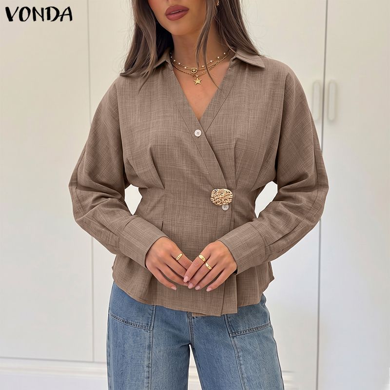 VONDA Женская повседневная блузка-рубашка с отложным воротником, V-образным вырезом, длинными рукавами, застежкой спереди на крестообразные пуговицы, свободного кроя, с баской
