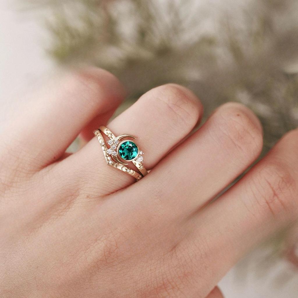 ETSY New gold-plated star and moon couple rings for women Simple and stylish green diamond ring, a trendy European and American accessory