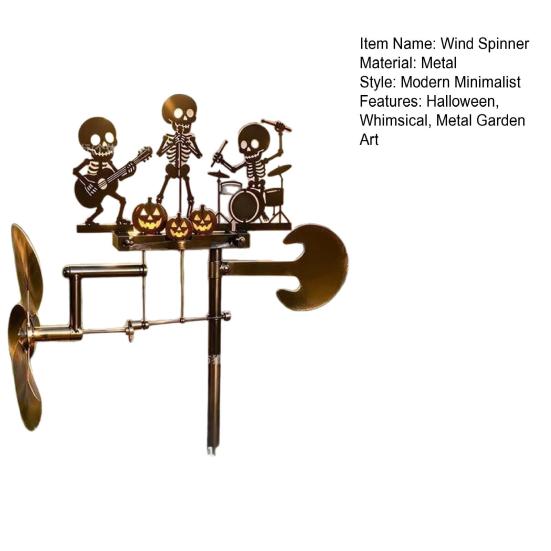 Rotating Metal Stake Halloween Skeleton Rock Trio Wind Spinner, Handmade Kinetic Garden Sculpture Yard Lawn Ornament for Outdoor Decor, Unique Musical