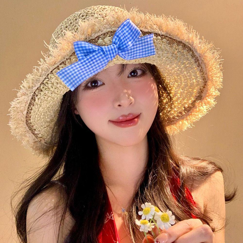 Sweet Woman's Straw Hat Elegant Lace Brim Sunshade Cap Vacation Big Bowknot Sun Hat  Girls
