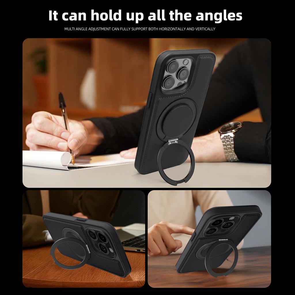 For iPhone 13 Pro Case with Ring Kickstand Compatible with MagSafe PU Leather Back Cover