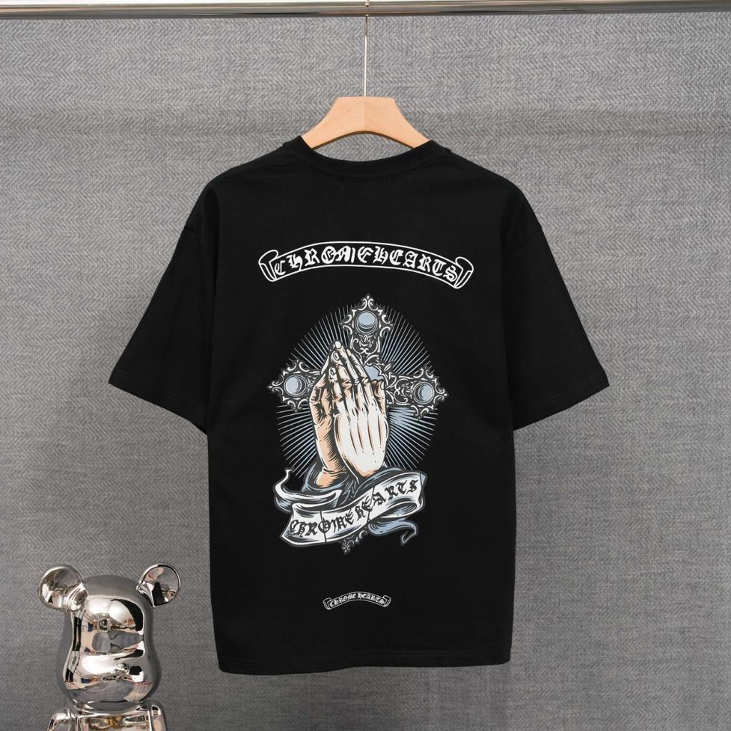 DT83 CHROME HEARTS Летняя Новая Высококачественная Хлопковая Круглый Вырез Свободная Большого Размера Мужская и Женская Футболка Футболка для Пары