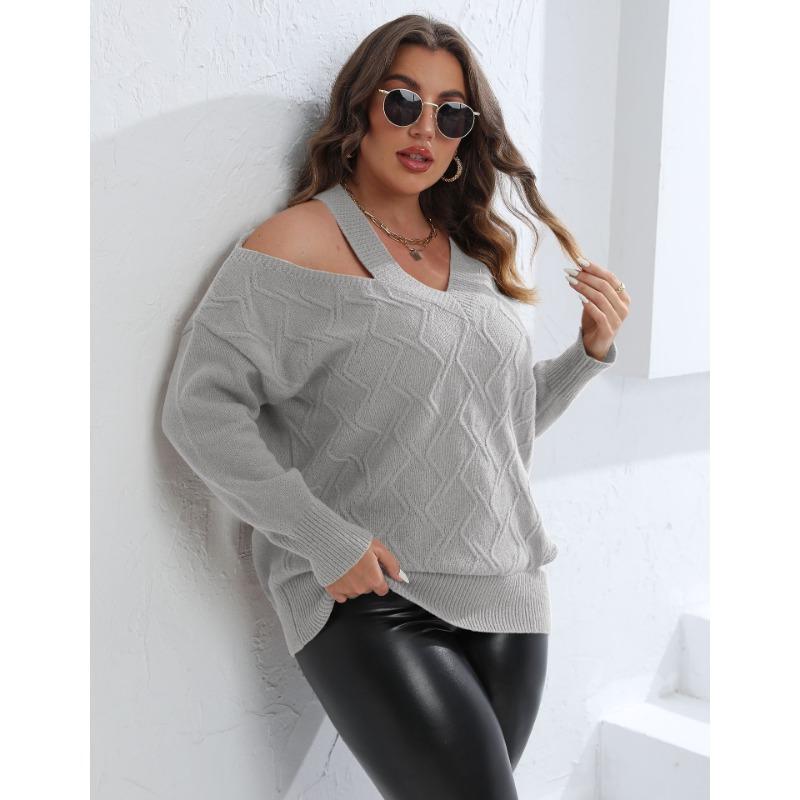 Women's Autumn and Winter Large Size Personality Strapless Woven Jumper V-neck Jumper