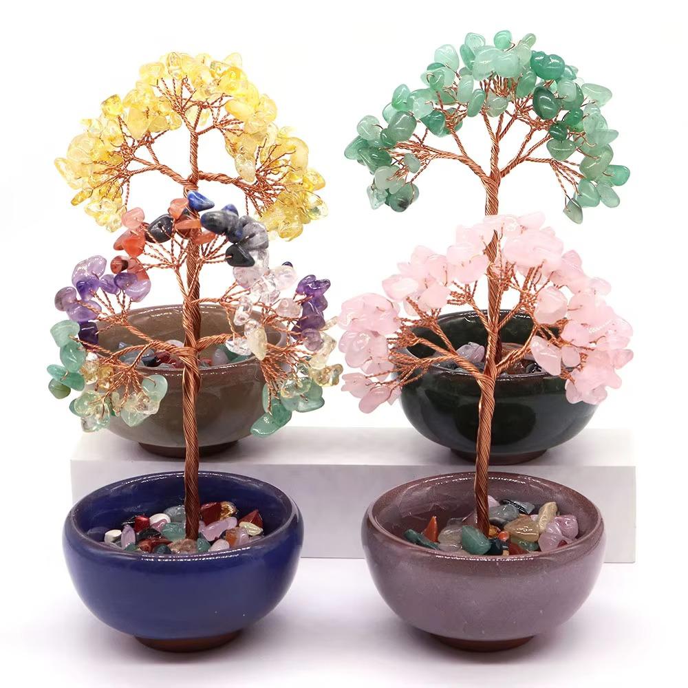 Медная проволока натуральное хрустальное дерево с чашкой основание каменное украшение дерево здоровье удача дерево фигурка Главная