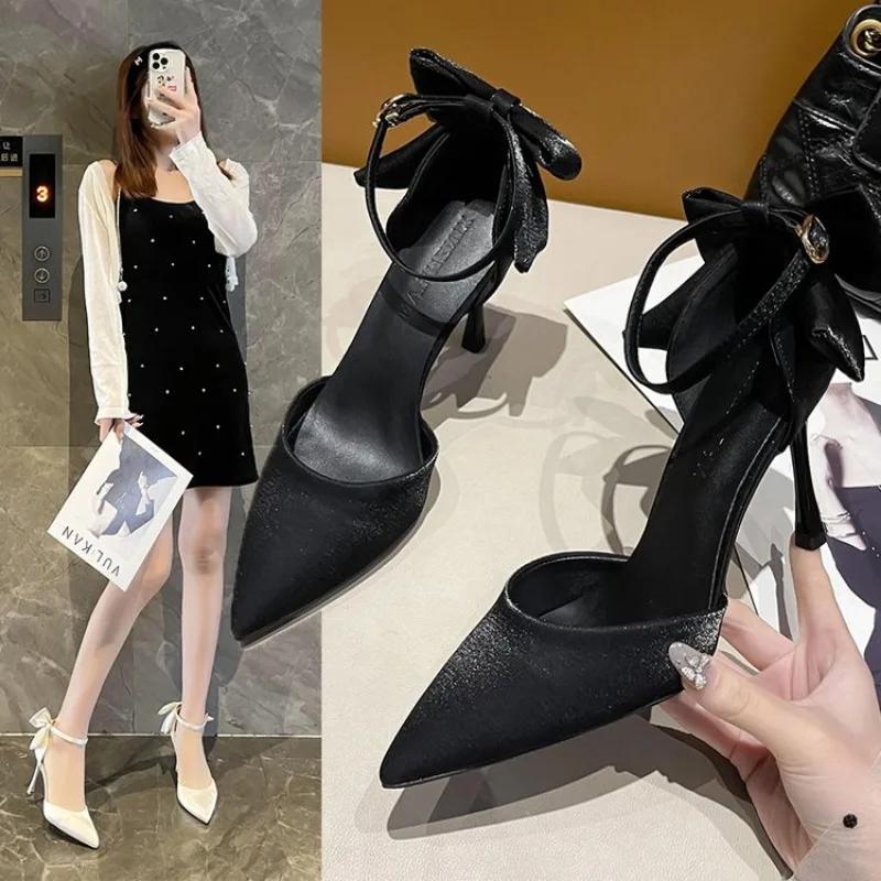 Модные элегантные туфли-лодочки с бантом на тонком каблуке, женские туфли с острым носком и ремешком на щиколотке, свадебные туфли для вечеринок, летние босоножки, женские туфли на высоком каблуке для невесты