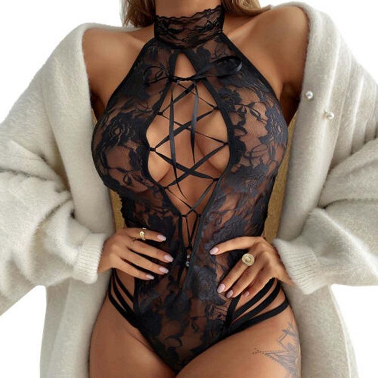 Women's Sexy Lingerie Sexy Lace Hollow Strap See-through Cat Girl Bodysuit