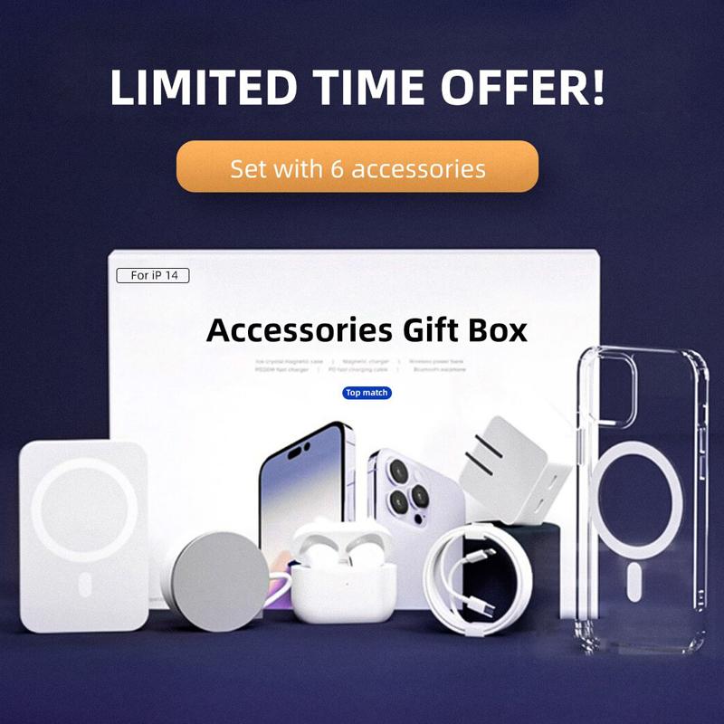 Комплект из 6 аксессуаров для iPhone 16, 15, 14 Plus, 13, 12, 11 Pro Max, прозрачный магнитный чехол, зарядное устройство Magsafe, адаптер USB-C, беспроводные наушники BT