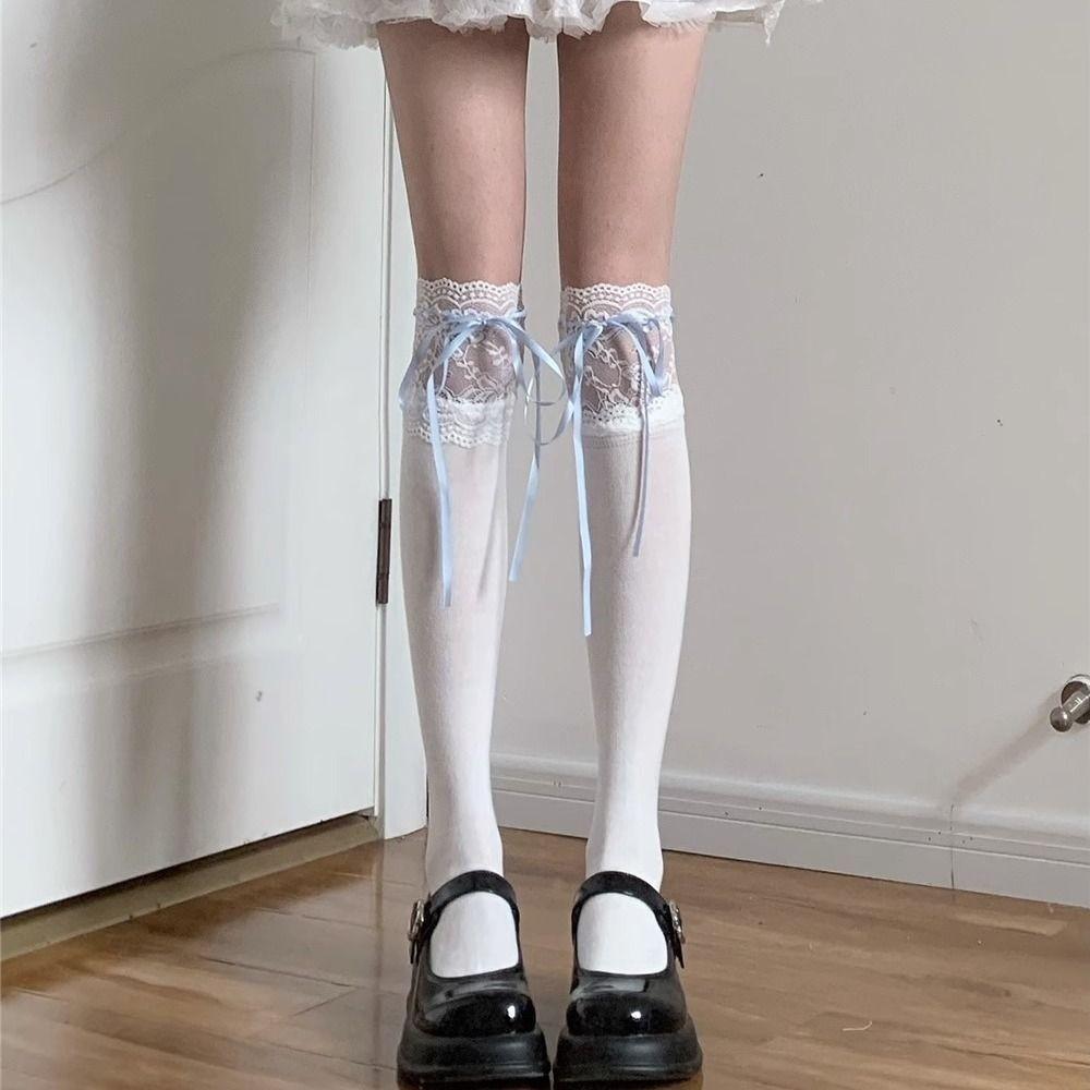 Лолита кружевные белые гольфы Jk Ballet Blue Ribbon Bow Student универсальные чулки