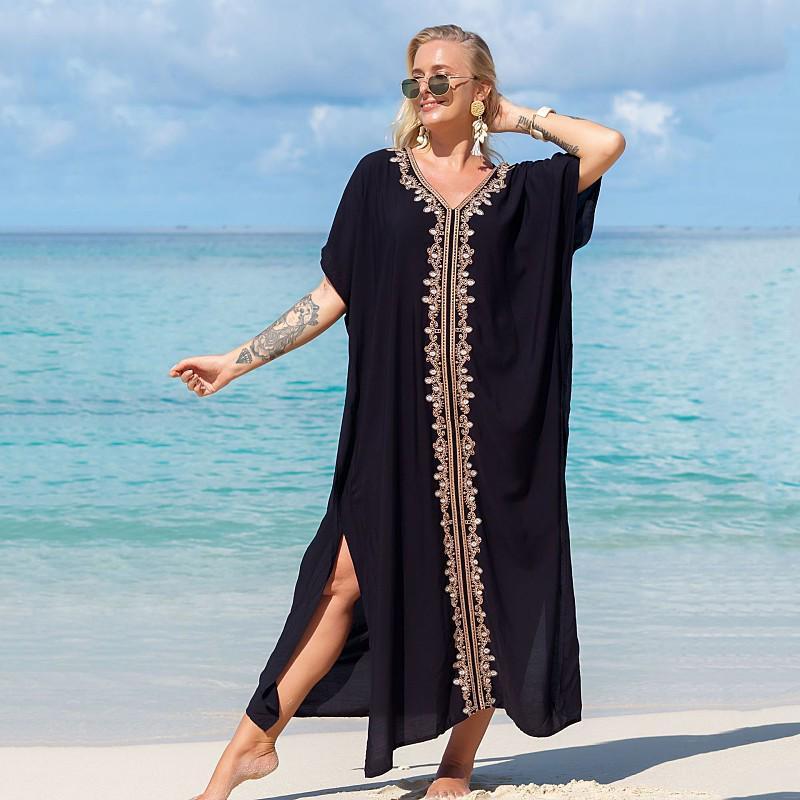 EDOLYNSA Elegant Gold Embroidered Kaftan Long Black Tunic Loose Maxi Dress Women Summer Clothing Beach Wear Swim Suit Cover Up Q1455