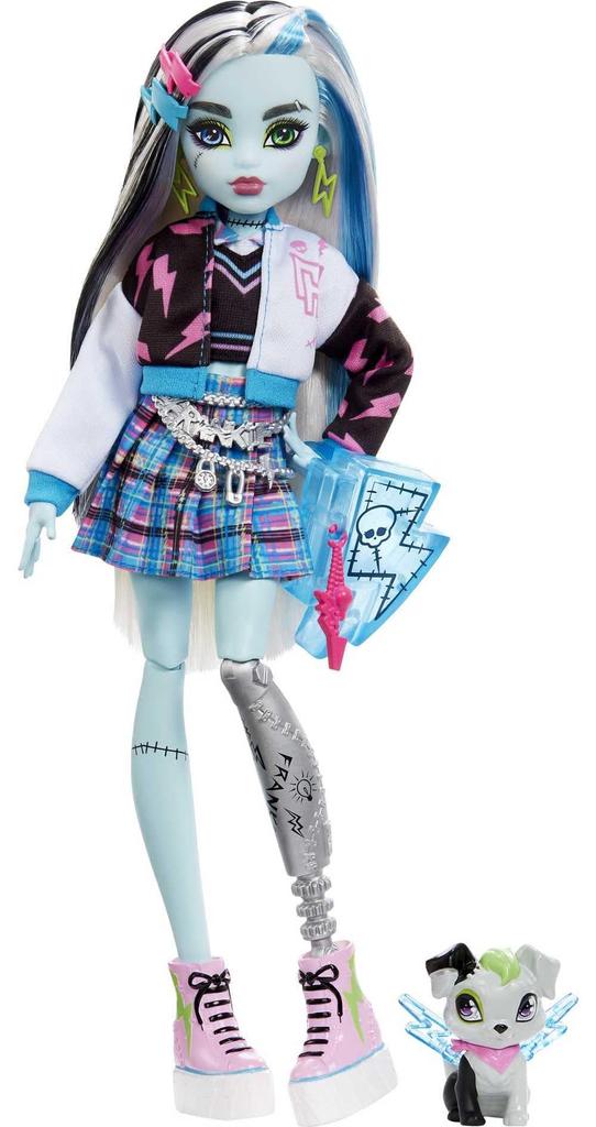 Monster High Poupée Frankie Stein Avec Accessoires Et Animal De Compagnie, Poupée Mode Articulée, Cheveux Méchés Noirs Et Bleus, Jouet Enfant, Dès 3 A