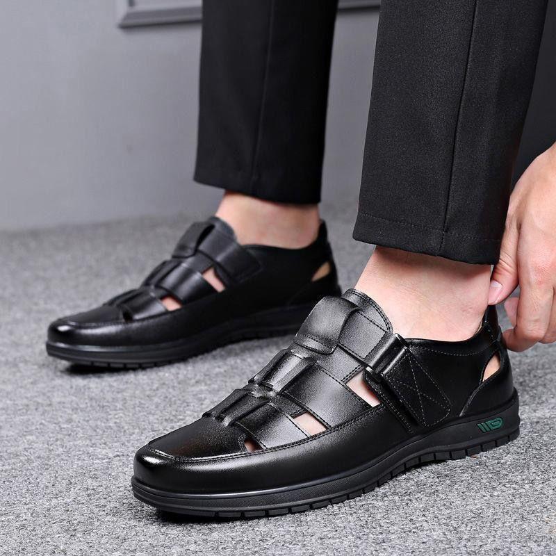 Мужская кожаная обувь Business Casual Формальная обувь Высокий каблук Мягкая подошва Нескользящая Летние сандалии Черная кожаная обувь