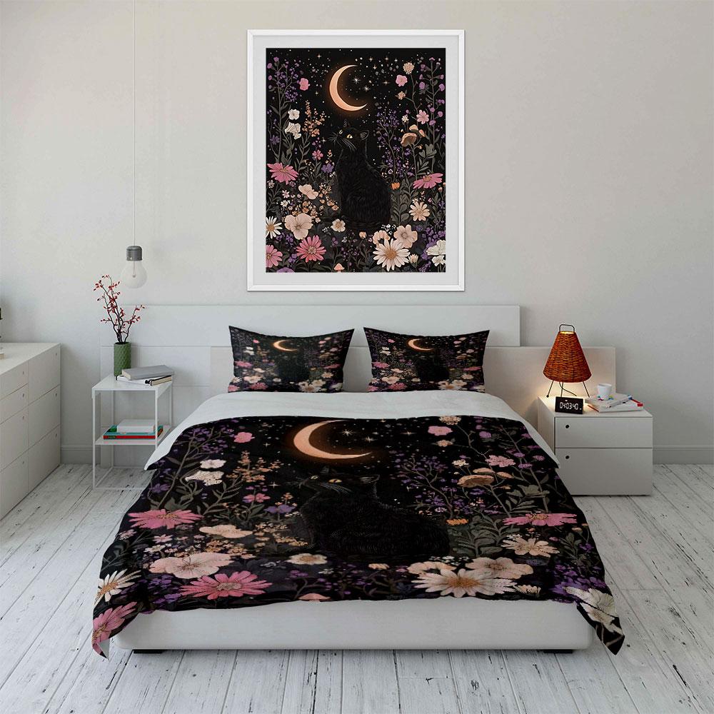 Crescent moon, black cat, flowers. Bedding sets Duvet cover sets Duvet covers Pillowcases(1 * Duvet Cover 2 * Pillowcases without duvet insert)