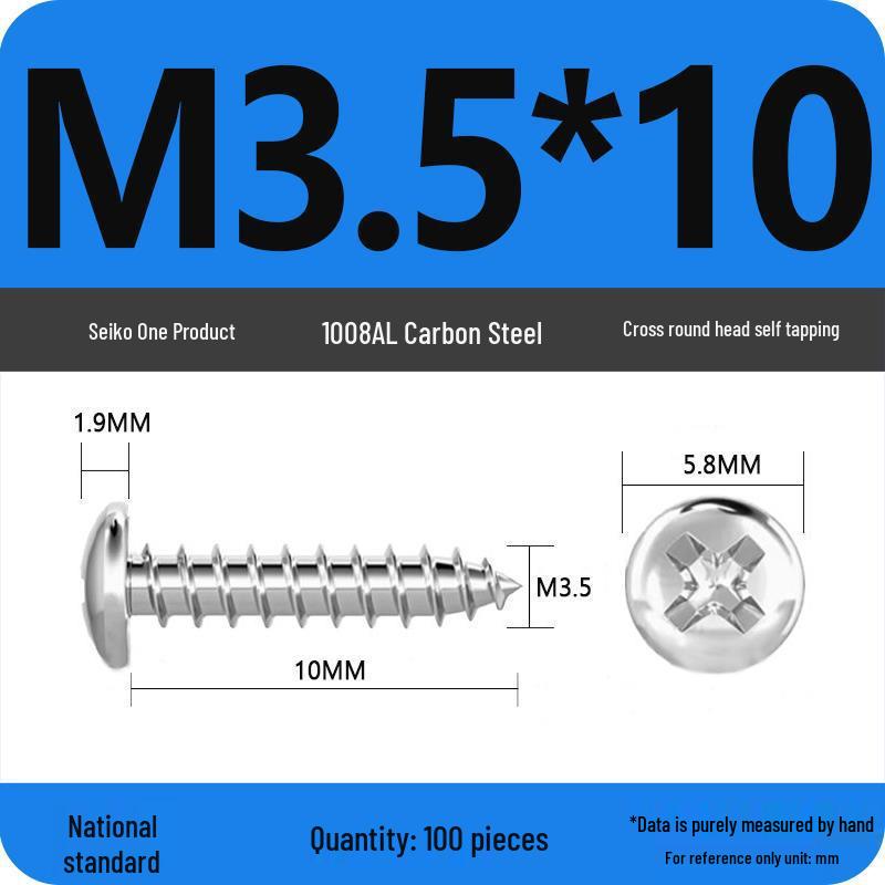 Galvanized Self-Tapping Screws, Round Head, White Zinc, PA Cross Pan, Pointed Tail M1.2-M4