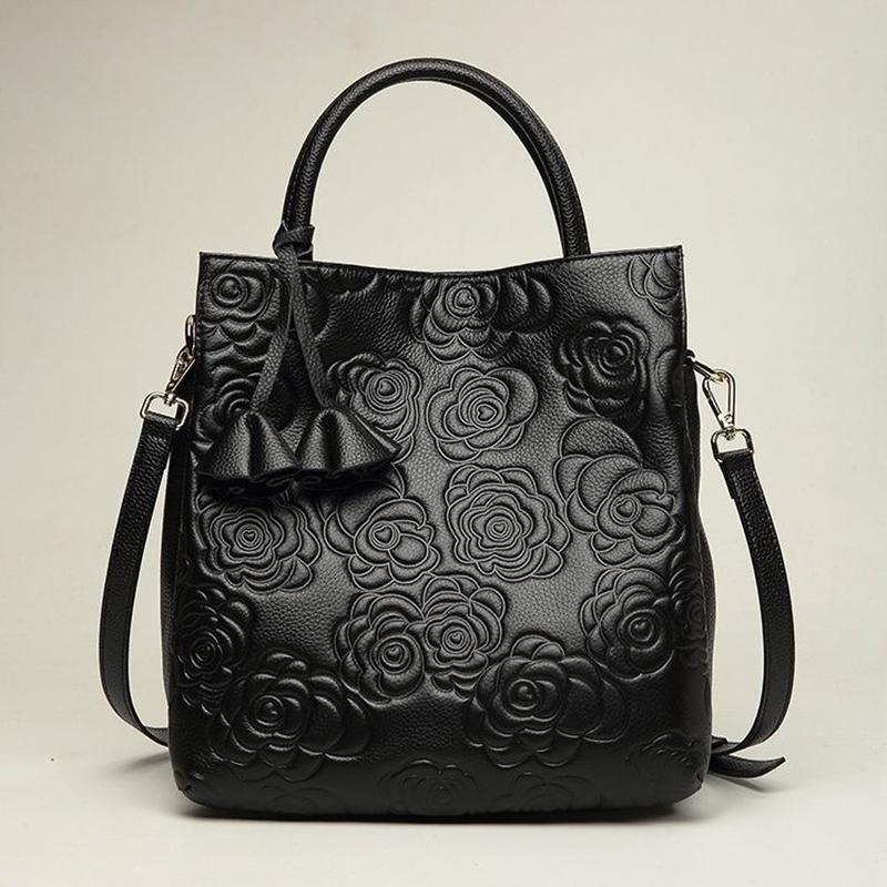 Genuine Cow Leather Women Large Tote Bag Camellia Pattern New Fashion Multiway Shoulder Crossbody Handbag