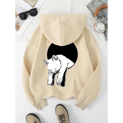 Милый рисунок кота с принтом Женская толстовка с капюшоном Harajuku Свободная толстовка Модная флисовая теплая толстовка с капюшоном Винтажная осенняя женская футболка с круглым вырезом