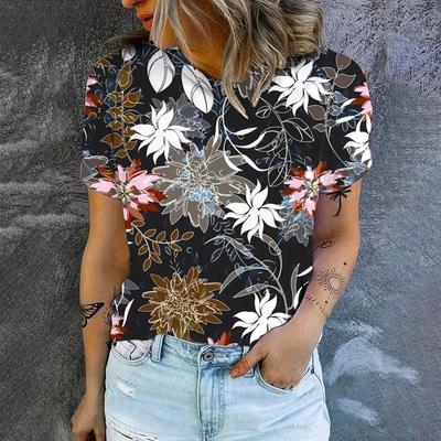 Летняя женская винтажная футболка с роскошным цветочным узором, топы, футболки, женская модная одежда с коротким рукавом, женская винтажная уличная одежда