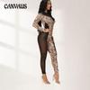 Women's Summer Mesh See Through Tight Print Patchwork Long Sleeve Jumpsuit
