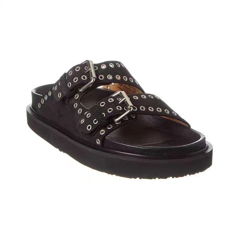 Модные летние женские уличные шлепанцы на толстой подошве с ремешком, пряжкой, заклепками, новые, с плоской подошвой, круглым носком, в стиле ретро, повседневные, для работы, пляжные сандалии, размеры 36-43