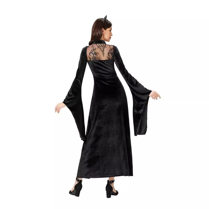 Темный готический костюм на Хэллоуин черное платье ведьма сексуальное кружево средневековое макси