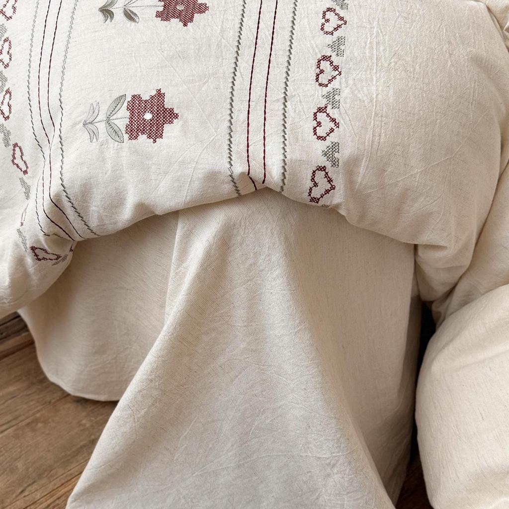 Хлопково-льняной вышитый комплект постельного белья, дышащий, окрашенный пряжей, для чувствительной кожи, весна/лето