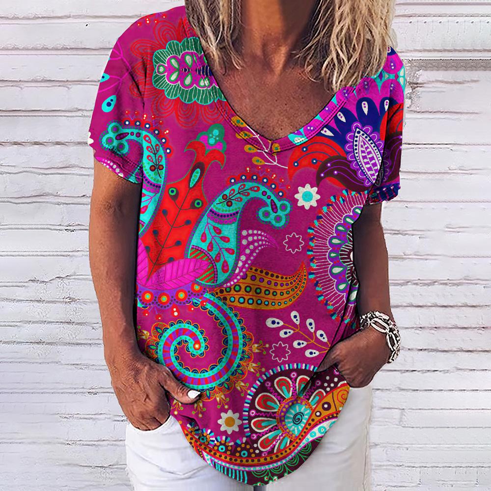 Винтажный принт топ женский с короткими рукавами уличная летняя футболка женская мода повседневная футболка с V-образным вырезом Y2k свободная женская одежда