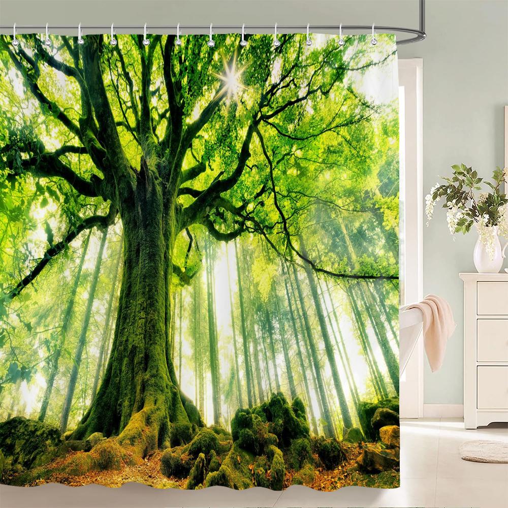 Modern 3D Printing Forest Shower Curtain Green Plant Tree Landscape Bath Curtain With Hooks For Bathroom Waterproof Scenery