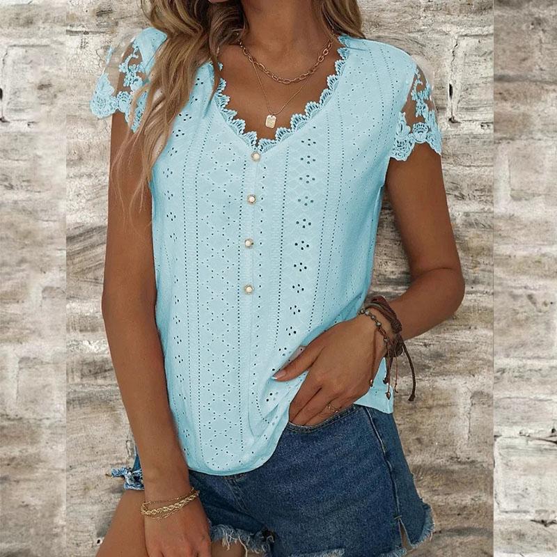 Summer Women's T-shirt Fashion Loose Solid Color Lace V-neck Short-sleeved T-shirt Tops