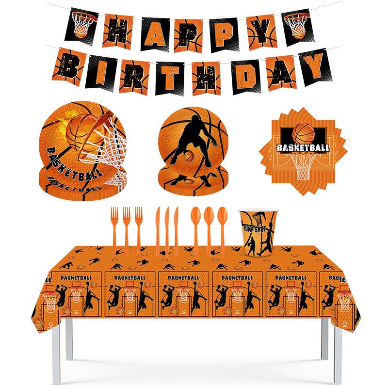 Spot Basketball Theme Party Paper Plate Set Disposable Paper Cup Paper Towel Flag Pe Tablecloth Decoration Supplies
