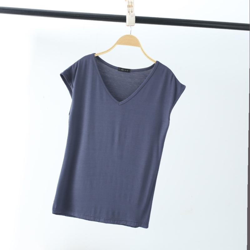 Solid V Neck Basic Tshirt Women Summer Modal Loose Tee Tops Casual Undershirt M To 2XL