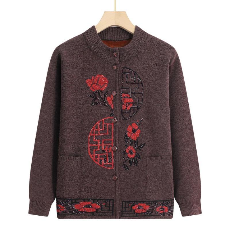 Middle-aged and Elderly Autumn and Winter Cardigan Top, Female Grandma Fleece Thickened Warm Jacket, Festive Knitted Sweater Mother Outfit