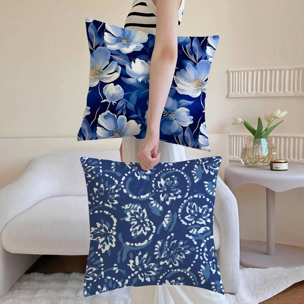 Elegant Blue Floral Pattern Pillow Case Printed Brushed Fleece Pillow Baby Skin-Touch Eco-Friendly Dye-Sublimat
