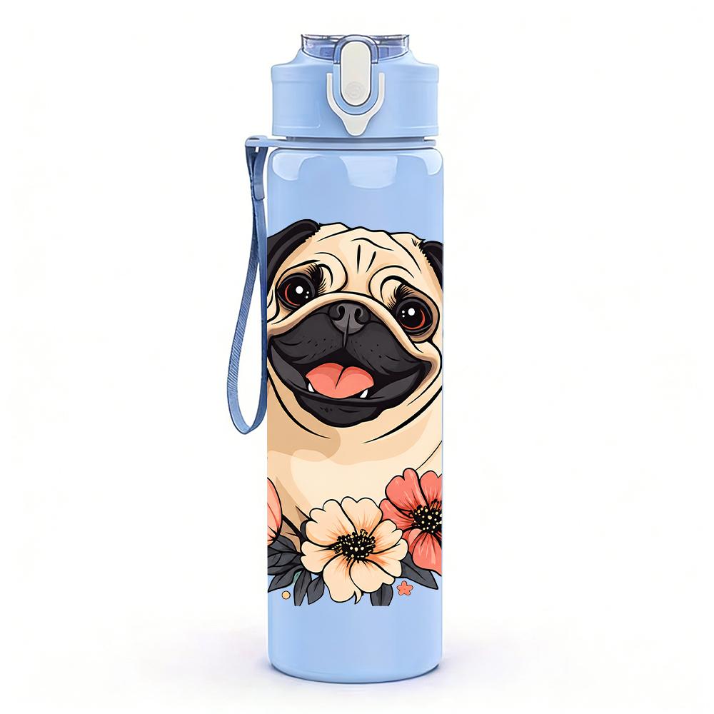 1PC Flower Surrounded Pug 750ml Color Plastic Sports Water Bottle Leakproof Flip Straw Lid Suitable for Sports Office Home Use