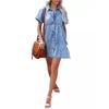 European and American Washed Denim Ruffle Mini Dress with Turn-Down Collar