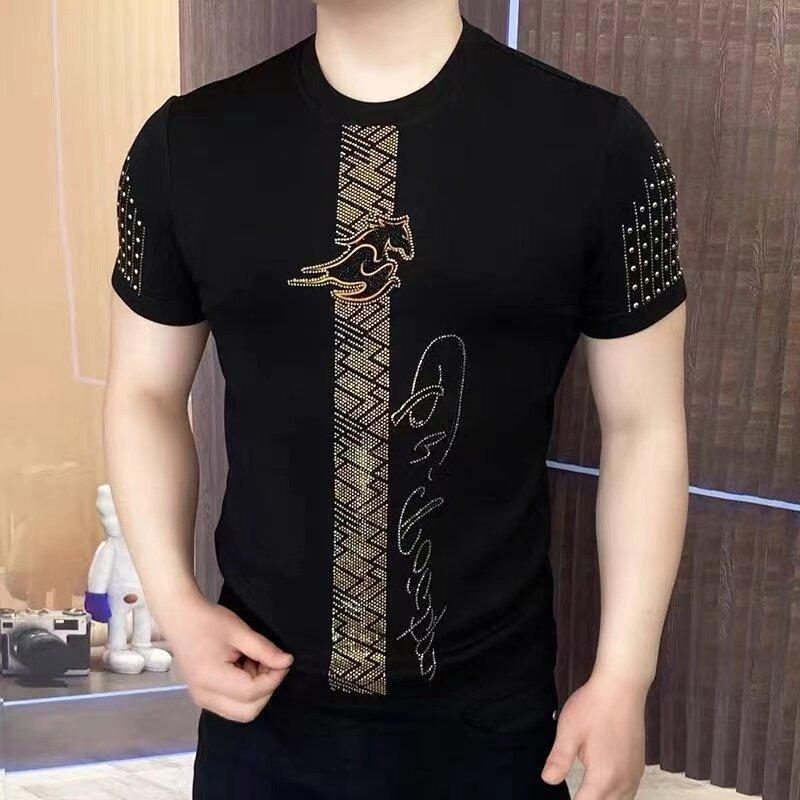 Роскошная футболка с короткими рукавами и стразами для мужчин, летняя, с круглым вырезом, облегающая, повседневная, социальная, уличная одежда, топы