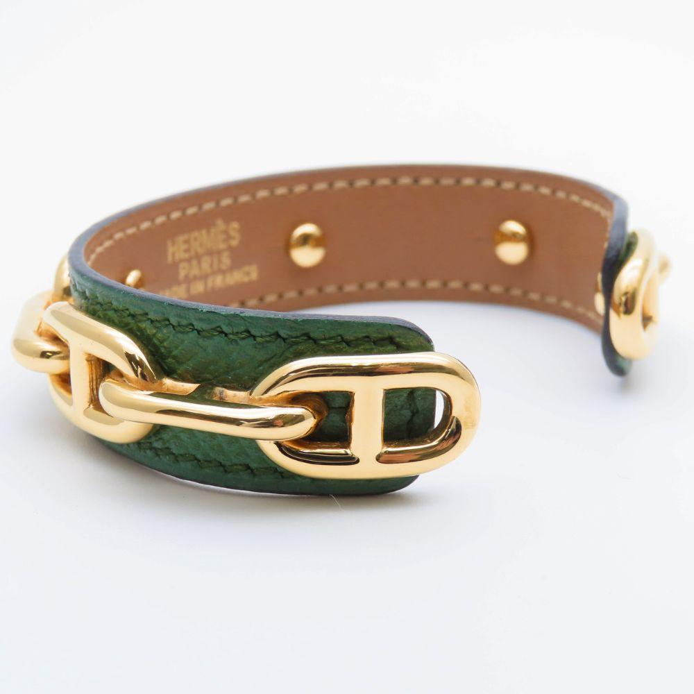 Used HERMES Bangle ChÃ©ne Dunkel leather/metal 30.5g green gold plating