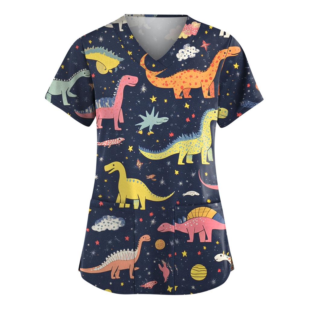 Women's Fashion Short Sleeve Cute Animal Printed V-Neck Pocket Workwear Tops