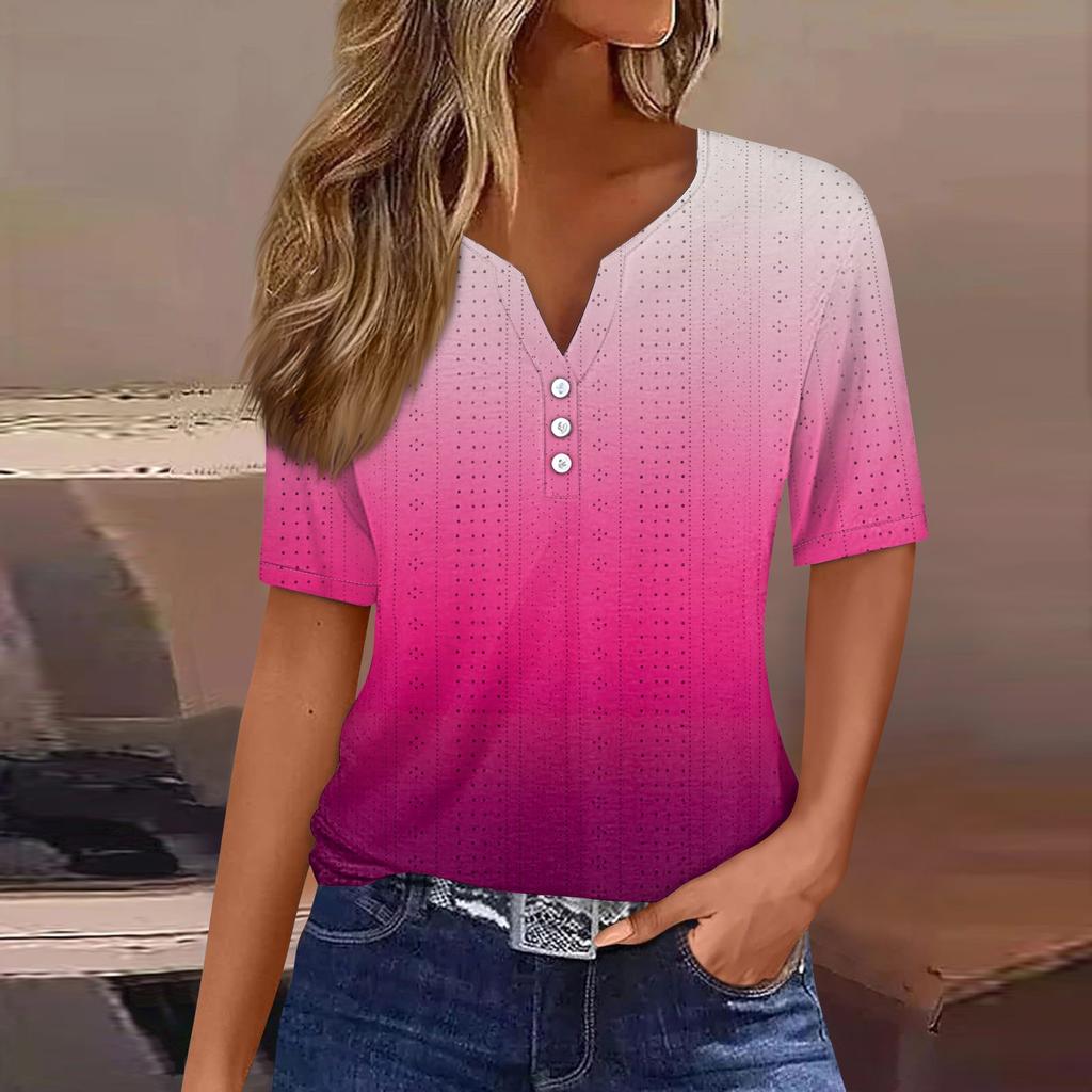 Женская повседневная футболка с v-образным вырезом и короткими рукавами, декоративная футболка на пуговицах, топ