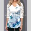 Women's Fashion Lace V Neck Half Sleeves Lace Tops Loose Printed Pullover T-shirt Casual Blouse