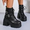 Модные массивные ботильоны на высоком каблуке для женщин 2025 Толстая платформа Панк Готические ботинки Женские Модные с пряжкой Шнуровка Мотоциклетные боты Женские