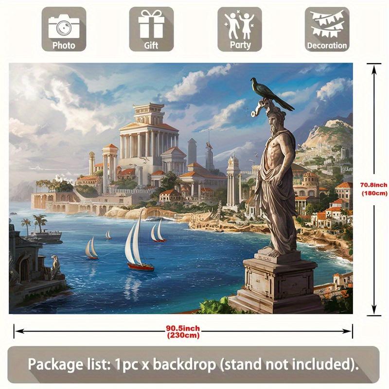 Ancient Greek Cityscape Backdrop Banner, Statues and Sailboats, 90.5x70.8 in Polyester Background for Greek Mythology Party Birthday Wedding Decor
