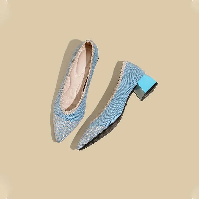 Fashion Spring and Autumn Women High Shoes 2025 New Fashion Pointed Knitting Breathable Comfortable Anti-skid Rubber Soled Work Shoes